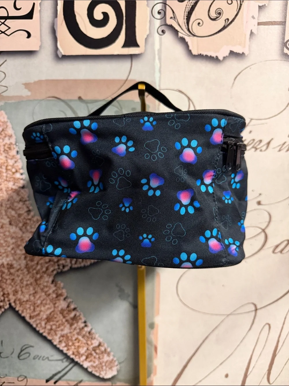 Dog Grooming Travel Bag - Black with Blue & Pink Paw Print